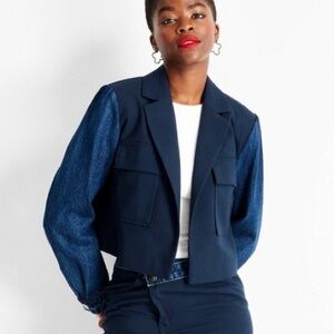 NWT Women's Contrasting Denim Cropped Blazer Future Collective Navy Blue szM